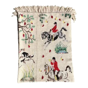 Vintage Hand Knitted and Embroidered English Hunting Scene Afghan Throw Blanket
