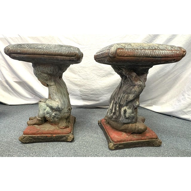 Traditional Vintage Cast Cement Figural Putti Garden Stools- A Pair For Sale - Image 3 of 18
