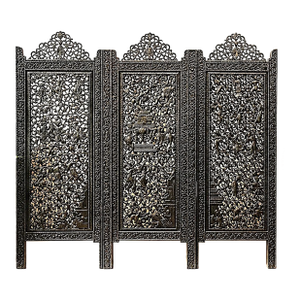 1900s Heavily Carved Anglo Indian 3 Panel Screen Room Divider.