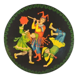 Vintage Figural Jesters Music Dansing Russian Lacquer Paper Mache Large Wall Plaque, Signed 19.5''