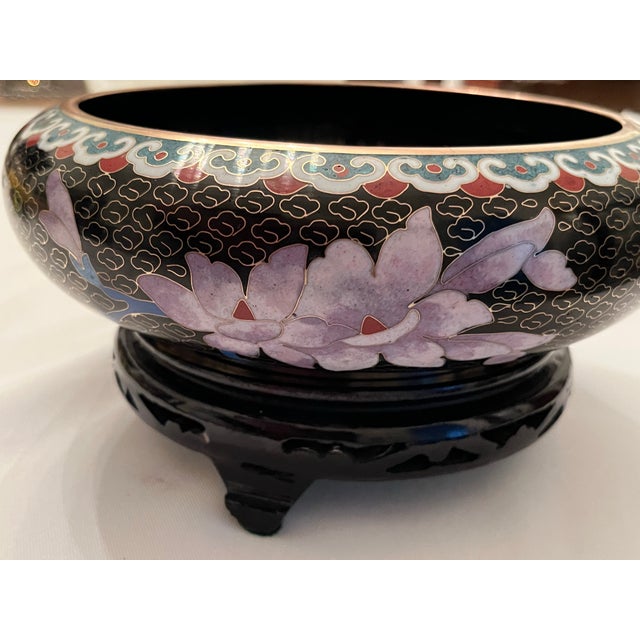 Late 20th Century Chinese Cloisonné Black Enamel Bowl, Flowers and Birds, 8” With Stand For Sale - Image 5 of 12