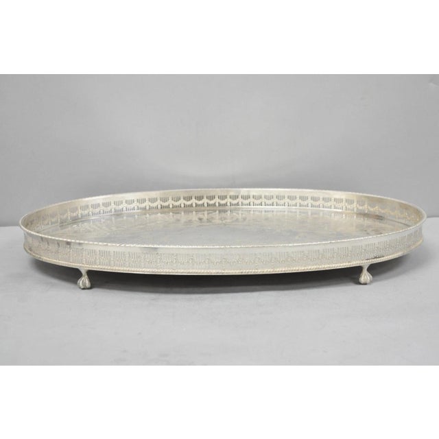 Traditional Vintage Viners of Sheffield Edwardian Silver Plated Raised Gallery Oval Tray For Sale - Image 3 of 15