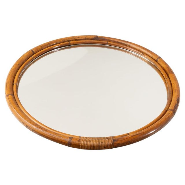 Large Round Bamboo Wall Mirror, 1960s For Sale - Image 6 of 6
