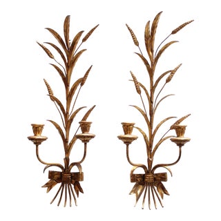 Pair of Vintage Italian Gilt Tole Florentine "Sheaf of Wheat" Sconces For Sale