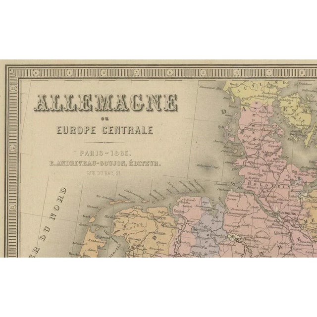 Cream Antique Map of Germany and Central Europe by Andriveau-Goujon, 1865 For Sale - Image 8 of 10