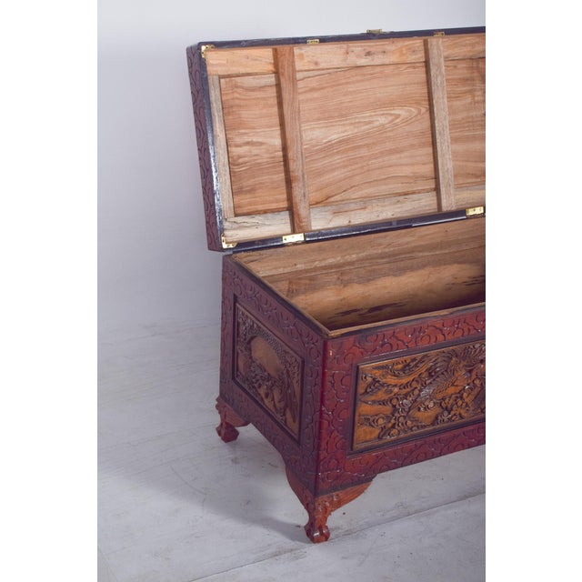 Brown Antique Painted Oriental Carved Chest For Sale - Image 8 of 14