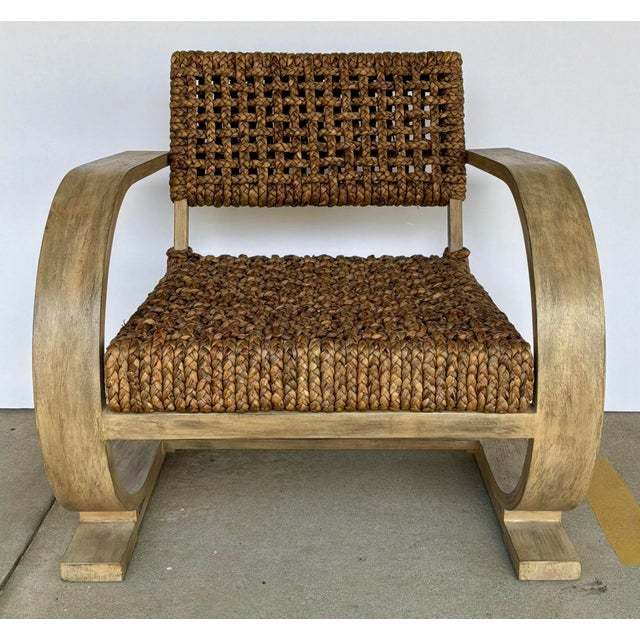 Stylish Organic Modern Braided Hyacinth Rehma Accent Chair, light wood frame, showroom floor sample