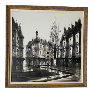 Gaston Pierre Original Oil on Canvas Paris Cityscape Painting Framed 41" X 41" Mint Condition Mid 20th Century For Sale