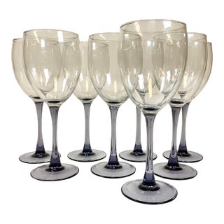 1970s Vintage Hollywood Regency Chippendale Lavender Cut to Clear Wine Glasses - Set of 8. For Sale