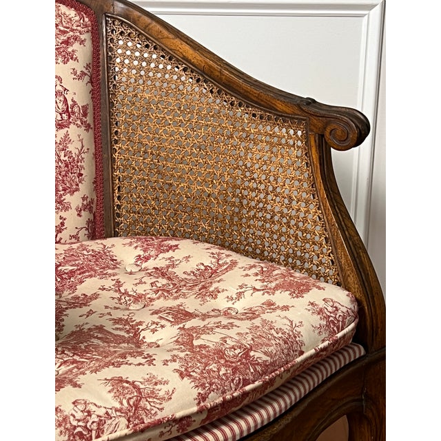 Pair French Louis XV Style Walnut and Cane Barrel Back Bergere Chairs in Toile, 20th C. For Sale - Image 10 of 13