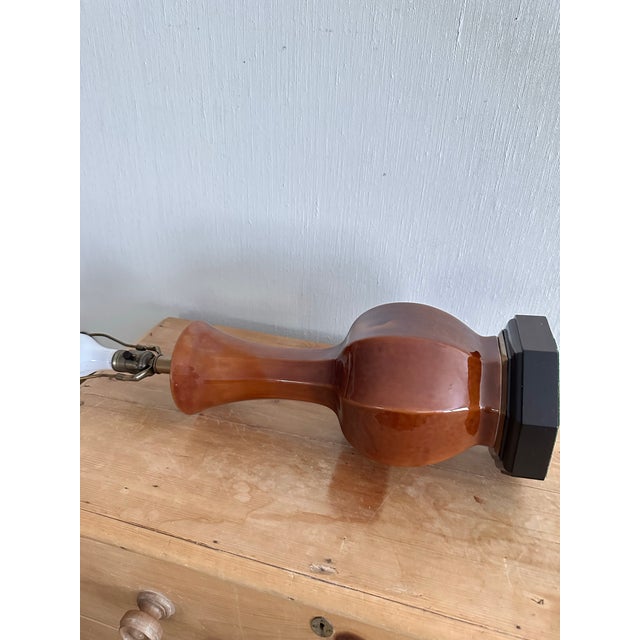 1980s Burnt Umber Vintage Ceramic Lamp With Rectangular Toile Fabric Shade For Sale - Image 4 of 11