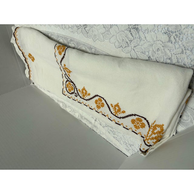 1960s Vintage Embroidered Cross Stitch Tablecloth For Sale - Image 5 of 8