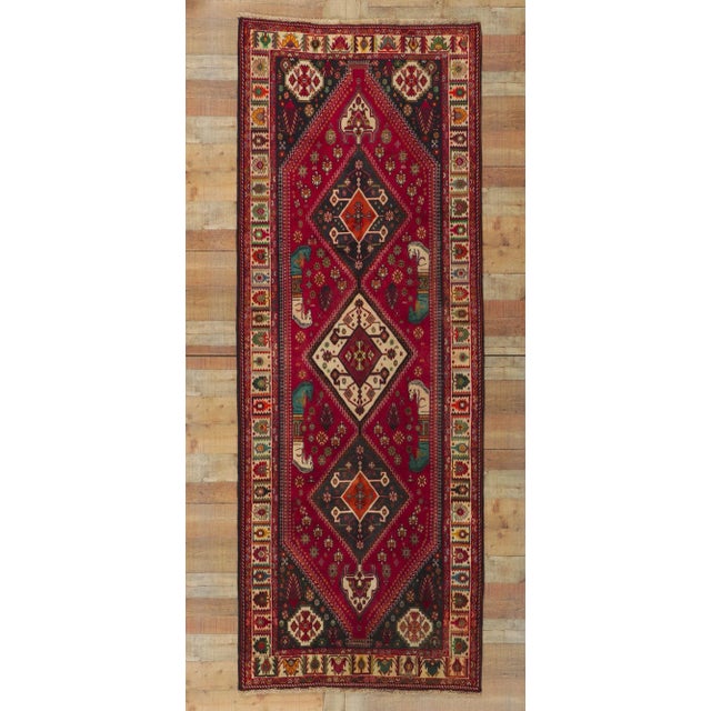 Ruby Red Mid 20th Century Vintage Persian Shiraz Hallway Rug, 03'09 X 10'01 For Sale - Image 8 of 9