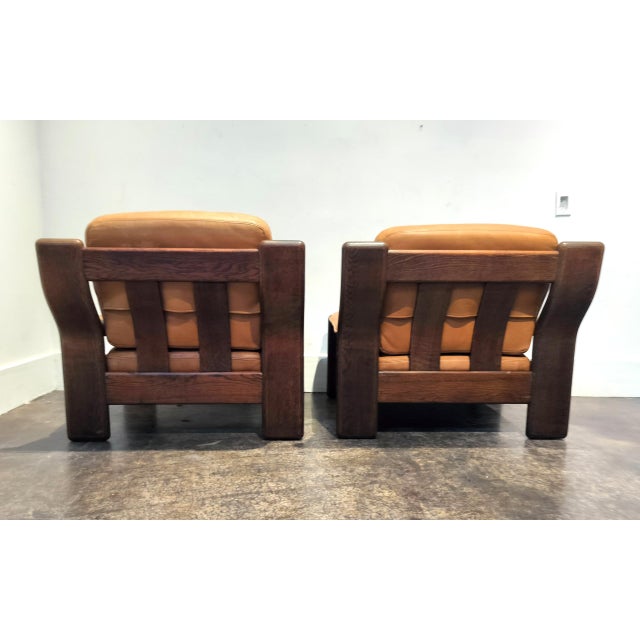 1970s Heavy Circa 1970 Oak and Cognac Leather French Club Chairs For Sale - Image 5 of 10