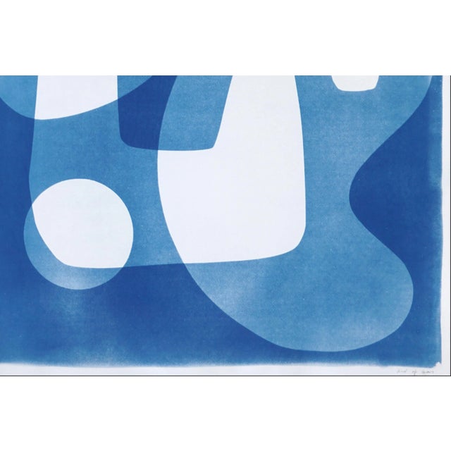 2024, Jestons Style Shapes in White and Blue, "Mid-Century Shapes Iii", Handmade Cyanotype on Watercolor Paper For Sale In Miami - Image 6 of 7