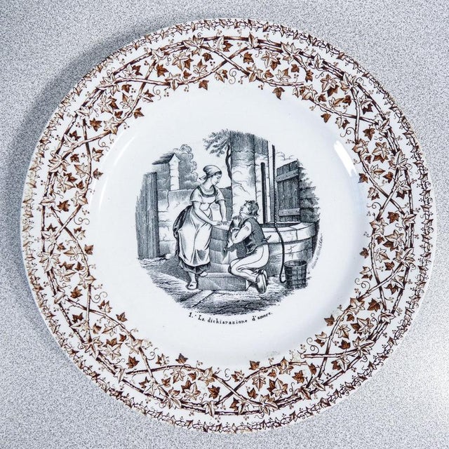 Set of six porcelain plates, wedding series, by pierre muller for società ceramica richard. Italy, late 19th century...