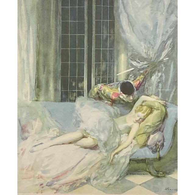 Offering an Art Deco era ephemeral print of a "moment" between a harlequin and a reclining ballerina, clad in its muted,...