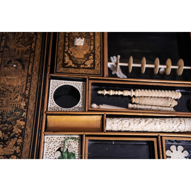 Regency Chinese Qing Chinoiserie Hand-Painted Lacquered Sewing Table For Sale - Image 13 of 14