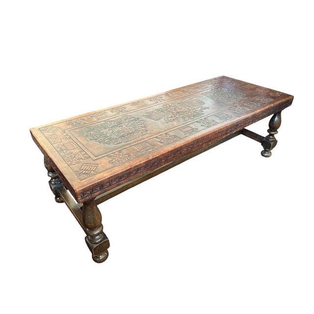 Spanish Colonial Revival Coffee Table with Embossed Leather Top, 1980s For Sale - Image 6 of 6