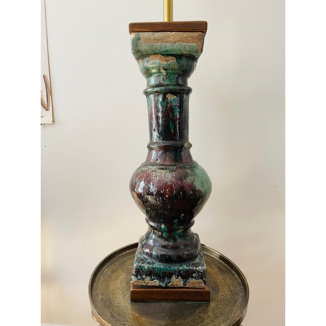 Mid Century Burgundy and Turquoise Drip Glaze Textured Pottery Lamp For Sale - Image 9 of 12