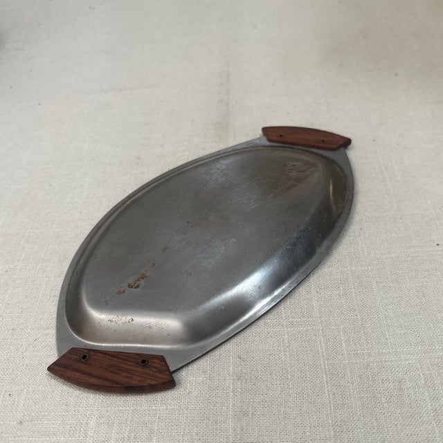 Small 1970s Silver-Tone Metal Serving Tray With Wooden Teak Handles For Sale In Atlanta - Image 6 of 7