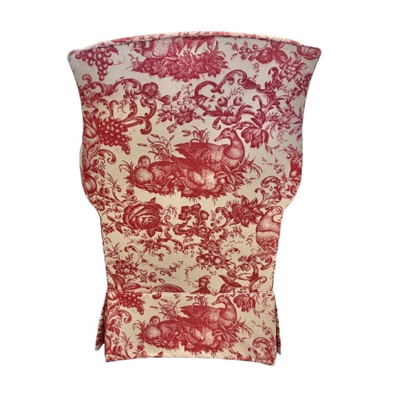 Wood Custom Wingback Chair in Red and Cream Heritage Toile by Brunschwig & Fils For Sale - Image 7 of 12