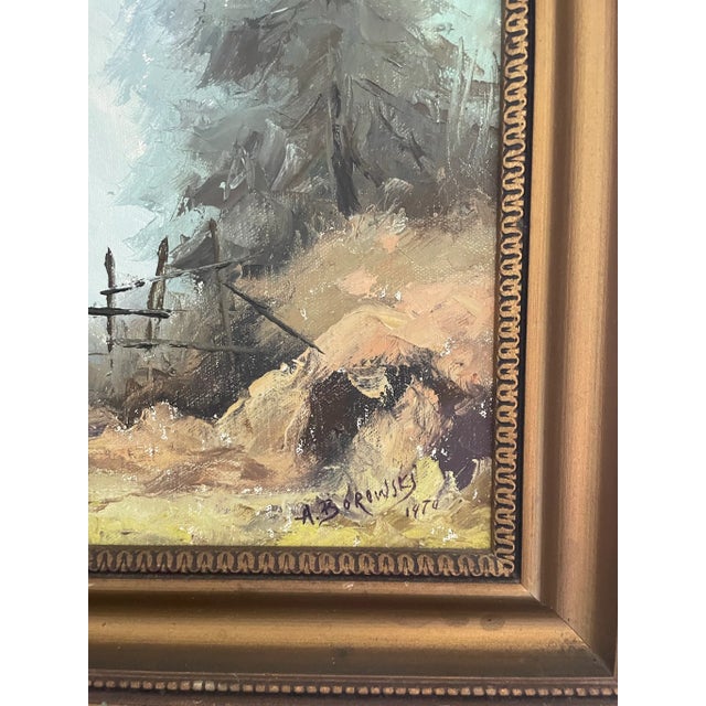 A gorgeous oil painting signed by A. Borowski 1970. A serene landscape of mountains, trees, and a proper shanty. Measures...