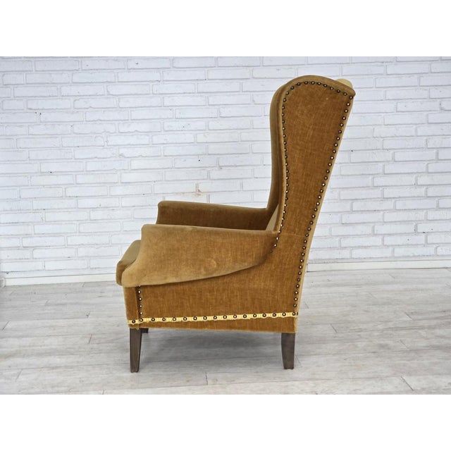 Danish High Back Armchair in Furniture Velour and Oak Wood Legs, 1970s For Sale - Image 12 of 16