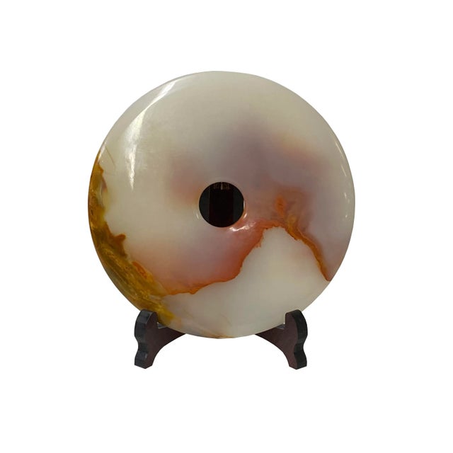 2020s Natural White Brown Onyx Stone Round Fengshui Home Decor Display For Sale - Image 5 of 5