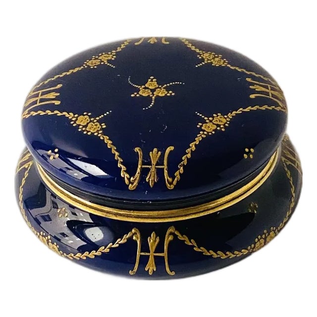 Porcelain Jewelry Box, Blue and Gold, Mid-20th Century, Europe For Sale