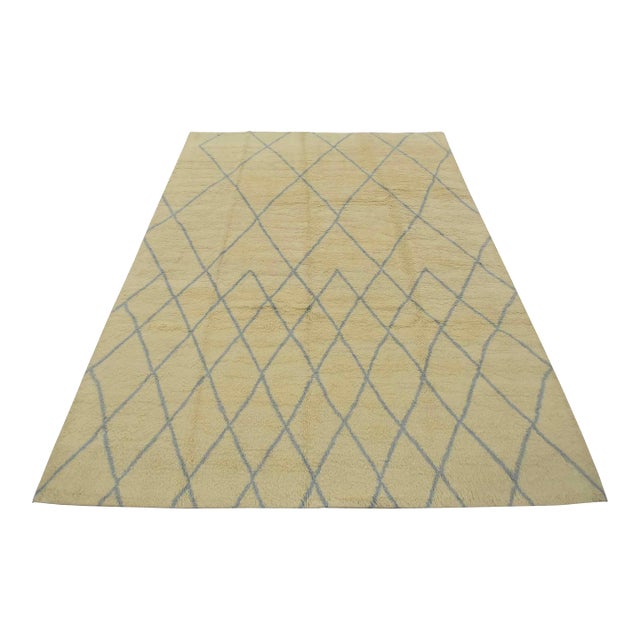 Moroccan Rug 9’1” X 11’9” Ivory Wool Contemporary Hand-Knotted Carpet For Sale