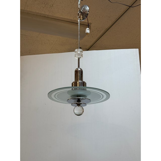 Mid 20th Century Art Deco Saturn Etched-Glass + Chrome Chandelier For Sale In San Francisco - Image 6 of 12