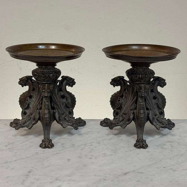 Pair of Renaissance Revival Bronze Rose Bowl ~ Pillar Candle Stands For Sale In Dallas - Image 6 of 18