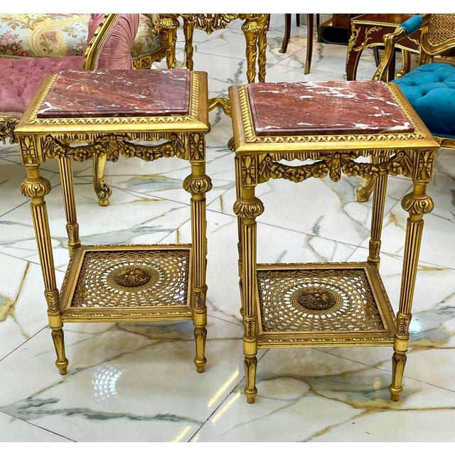 1990s French Style Marble Topped Side Table Set – Gold Accents, Elegant Design For Sale - Image 4 of 8