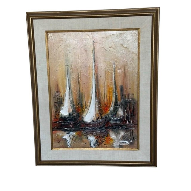 1970s 1973 Mid-Century Modern Danny Garcia Original Abstract Sailboat Harbor Acrylic Painting – Framed For Sale - Image 5 of 9