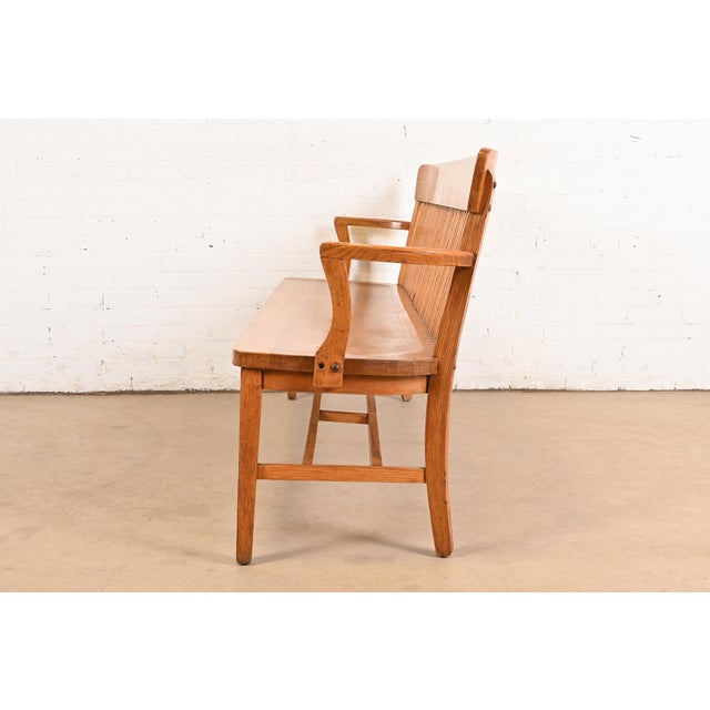 Brown Antique Arts & Crafts Solid Oak Lawyer's Bench For Sale - Image 8 of 10