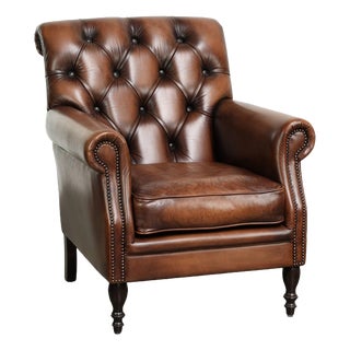 Chesterfield Armchair in Brown Cow Leather For Sale