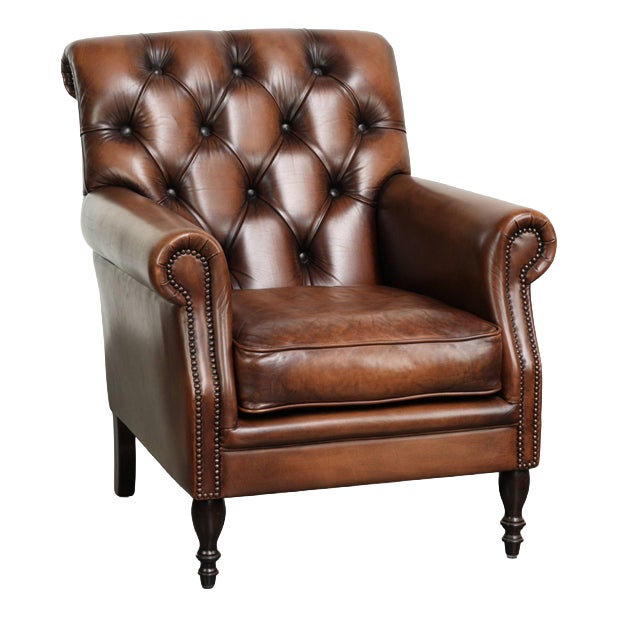 Chesterfield Armchair in Brown Cow Leather For Sale