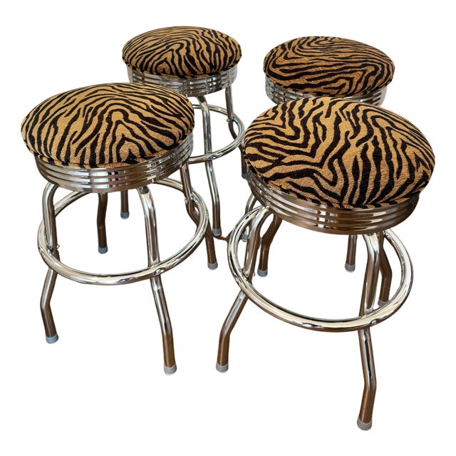 Vintage Chrome Swivel Counter Stools in Tiger-Print Chenille, Set of 4 For Sale
