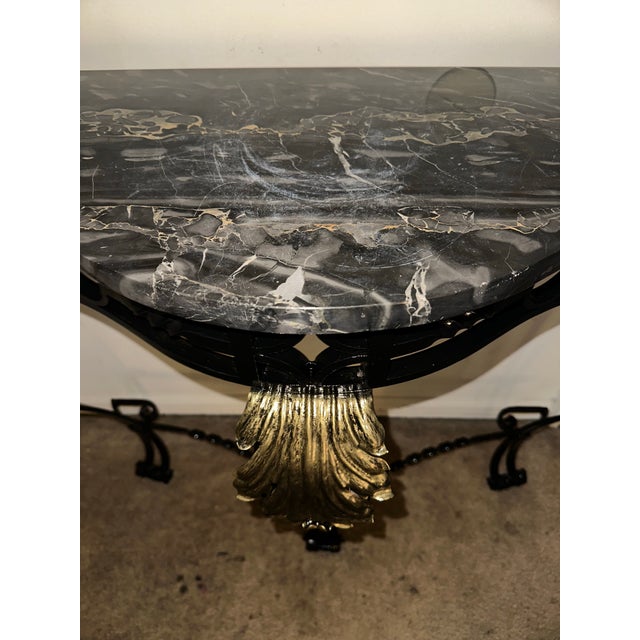 Art Deco Attributed to Maitland-Smith French Louis XV Style Wrought Iron & Solid Marble Console Table For Sale - Image 3 of 10