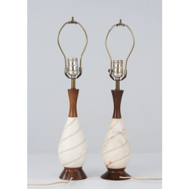 Mid Century Marble Walnut Lamps Italy - a Pair For Sale In Philadelphia - Image 6 of 13