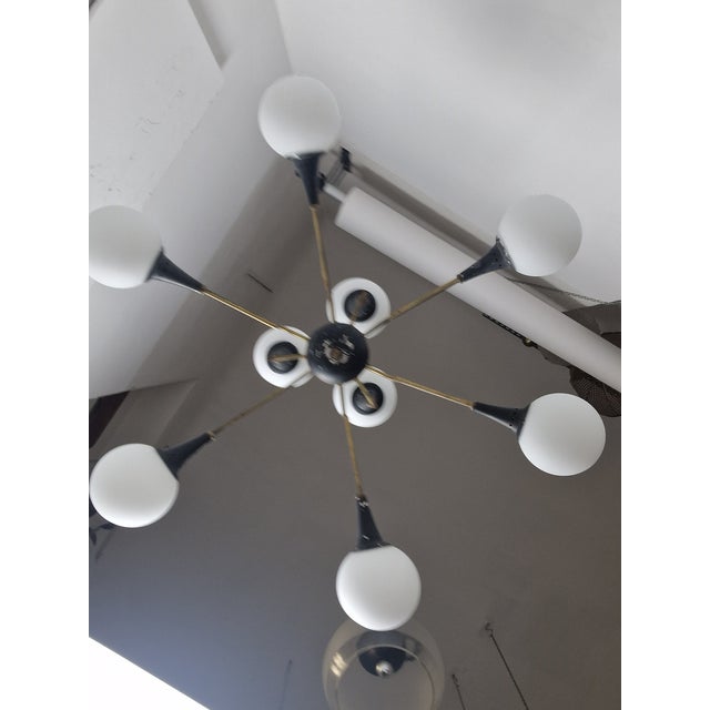 1950s Twelve-Light Brass Chandelier with Opaline Spheres from Stilnovo, 1950s For Sale - Image 5 of 16