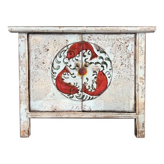 Vintage Distressed Pale Turquoise Blue Tri-Red-Fish Credenza Table Cabinet For Sale
