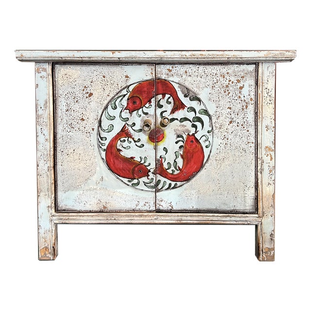 Vintage Distressed Pale Turquoise Blue Tri-Red-Fish Credenza Table Cabinet For Sale