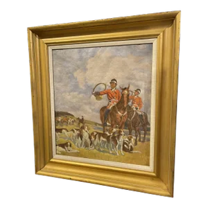 Early English Hunt Scene Original Oil Painting on Canvas, Framed