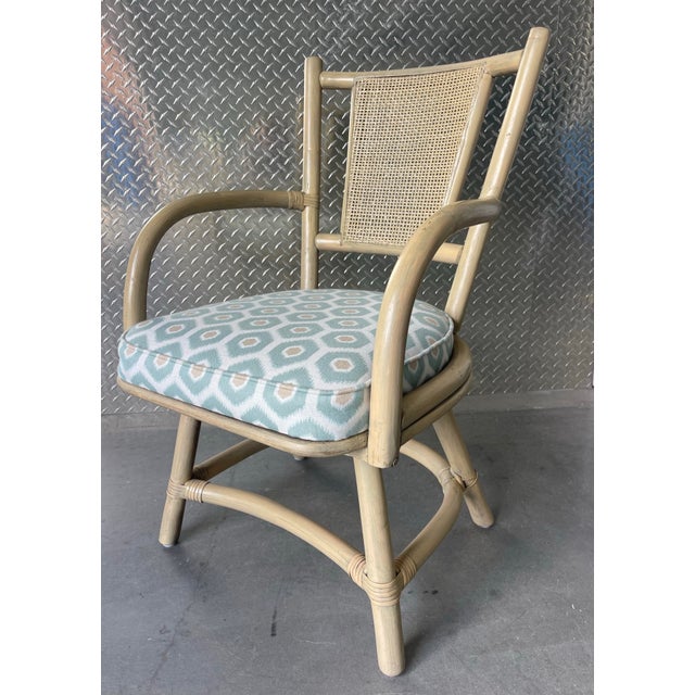 Eggshell Vintage Organic Modern Rattan Swivel Dining Chairs With Arms and Cane Backs – Set of 6 For Sale - Image 8 of 17