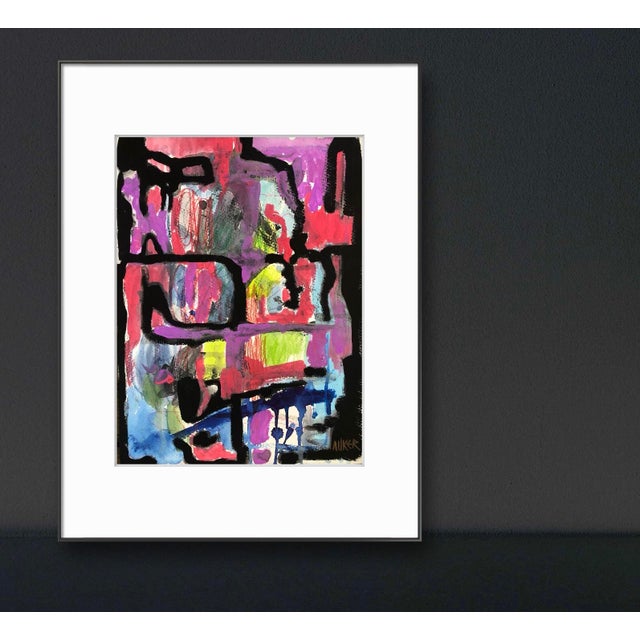 Black Abstract Mixed Media Painting on Watercolor Paper “Untitled With Pink and Black” by CL Auker For Sale - Image 8 of 9