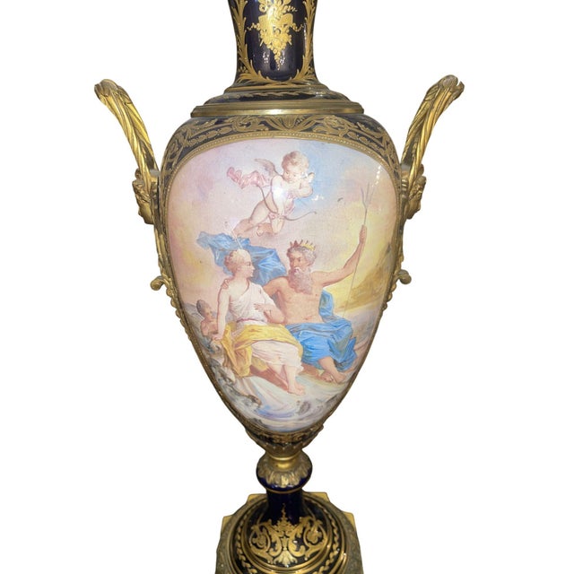 French Pair of 19th Century French Sèvres Porcelain Urns With Ormolu Mounts For Sale - Image 3 of 8