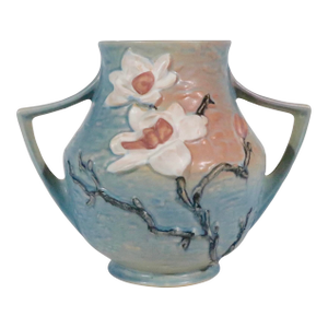 Mid 20th Century Roseville Pottery Magnolia Pattern Handled Vase 91-8"