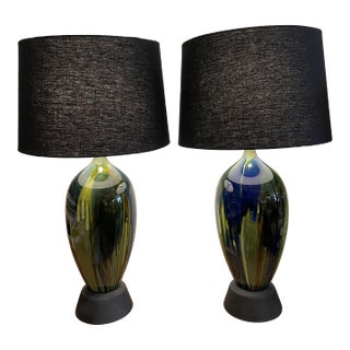 Pair of Mid-Century Modern Drip Glaze Ceramic Lamps For Sale